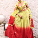 Green and Maroon Ombre Lehenga with Floral Embroidery Flared lehenga view
