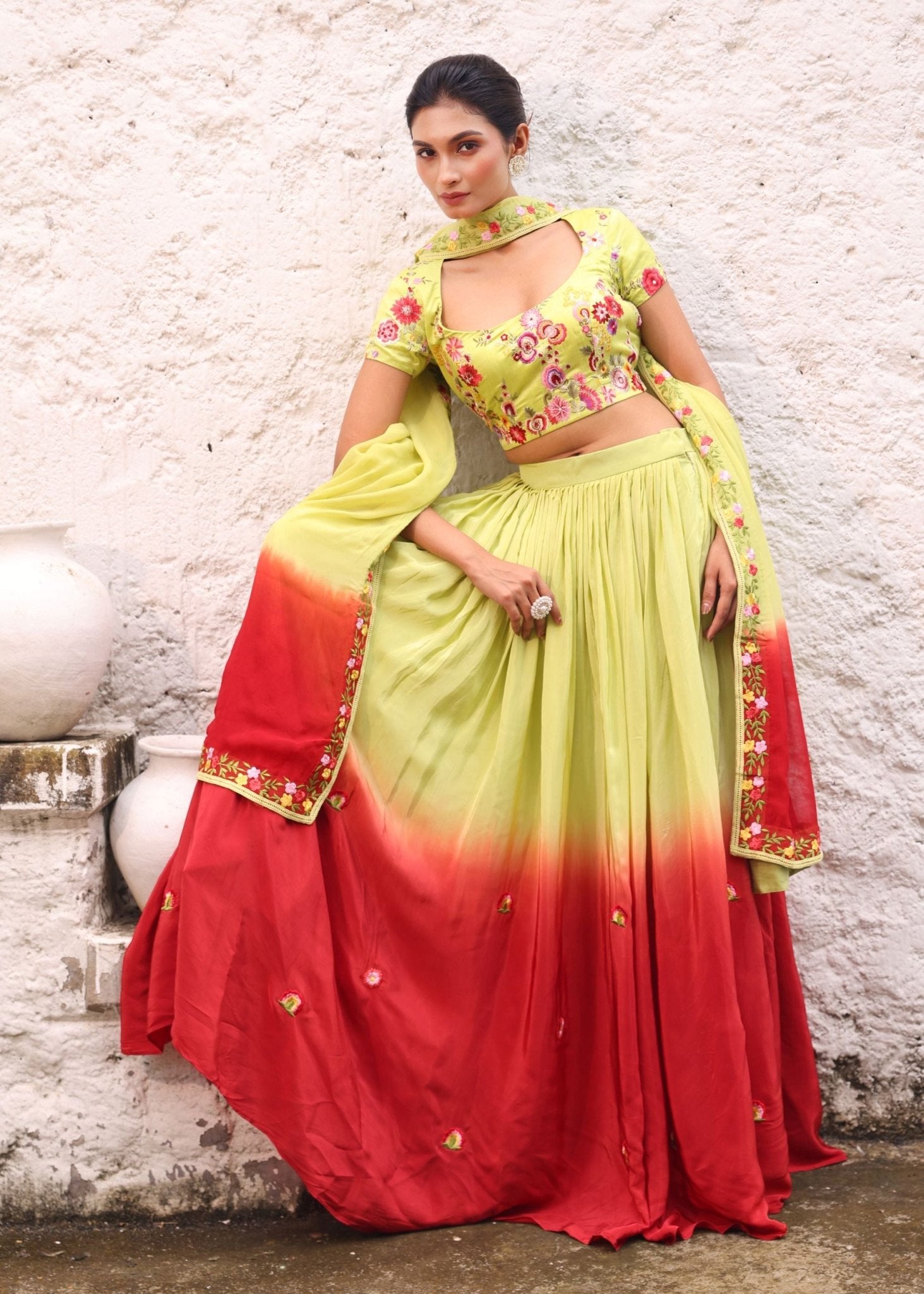 Green and Maroon Ombre Lehenga with Floral Embroidery - Anvi Couture
