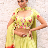Green and Maroon Ombre Lehenga with Floral Embroidery Close Up