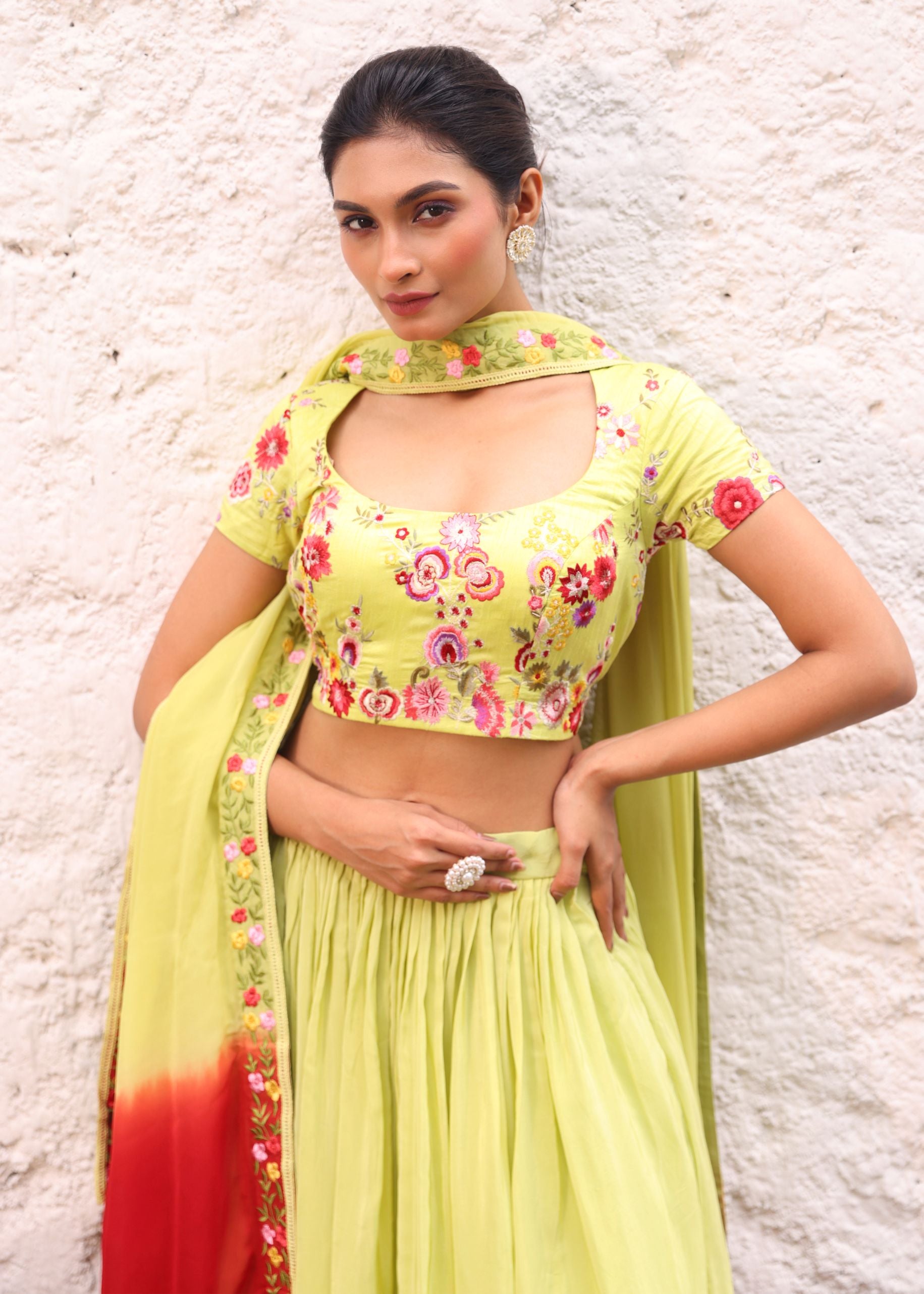 Green and Maroon Ombre Lehenga with Floral Embroidery Close Up