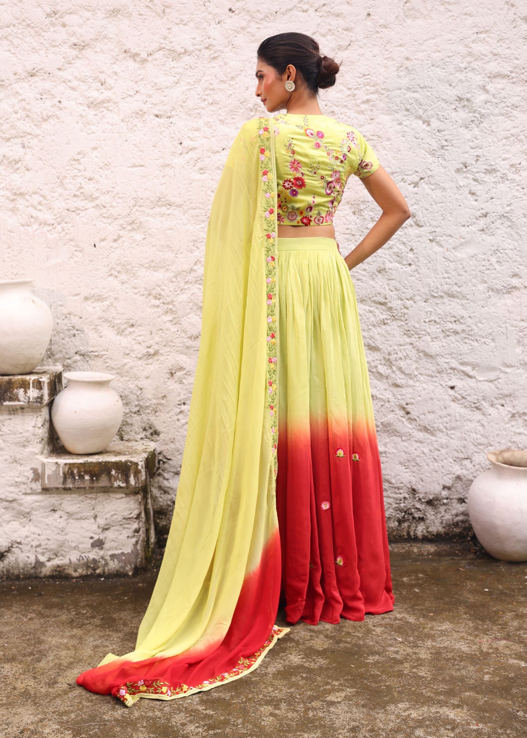 Green and Maroon Ombre Lehenga with Floral Embroidery Back