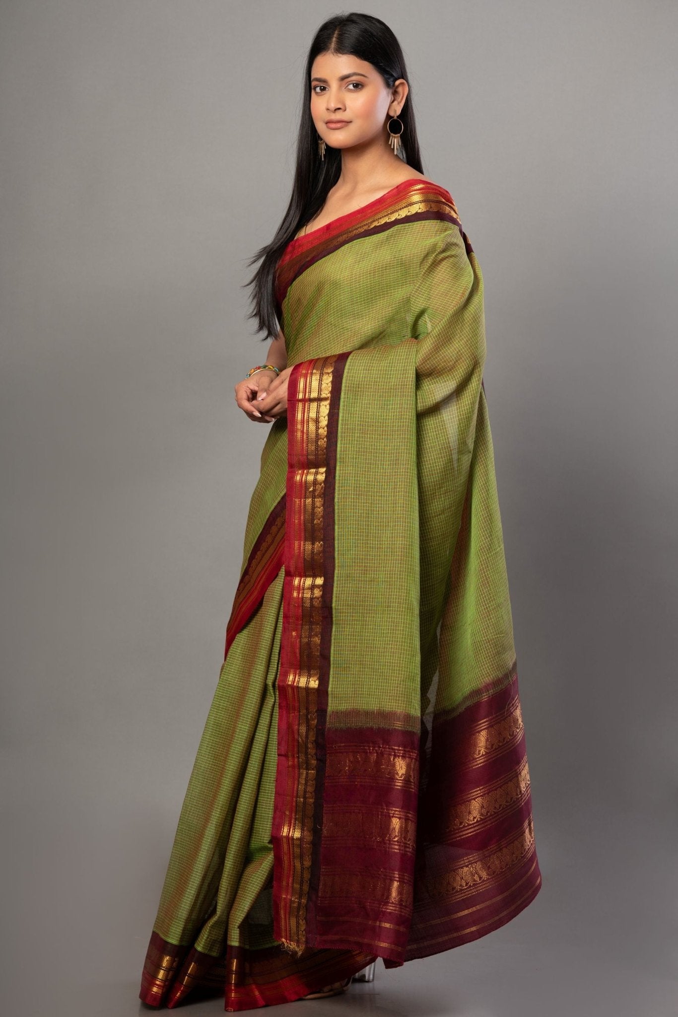Green and Maroon Pure Cotton Gadwal Saree - Anvi Couture
