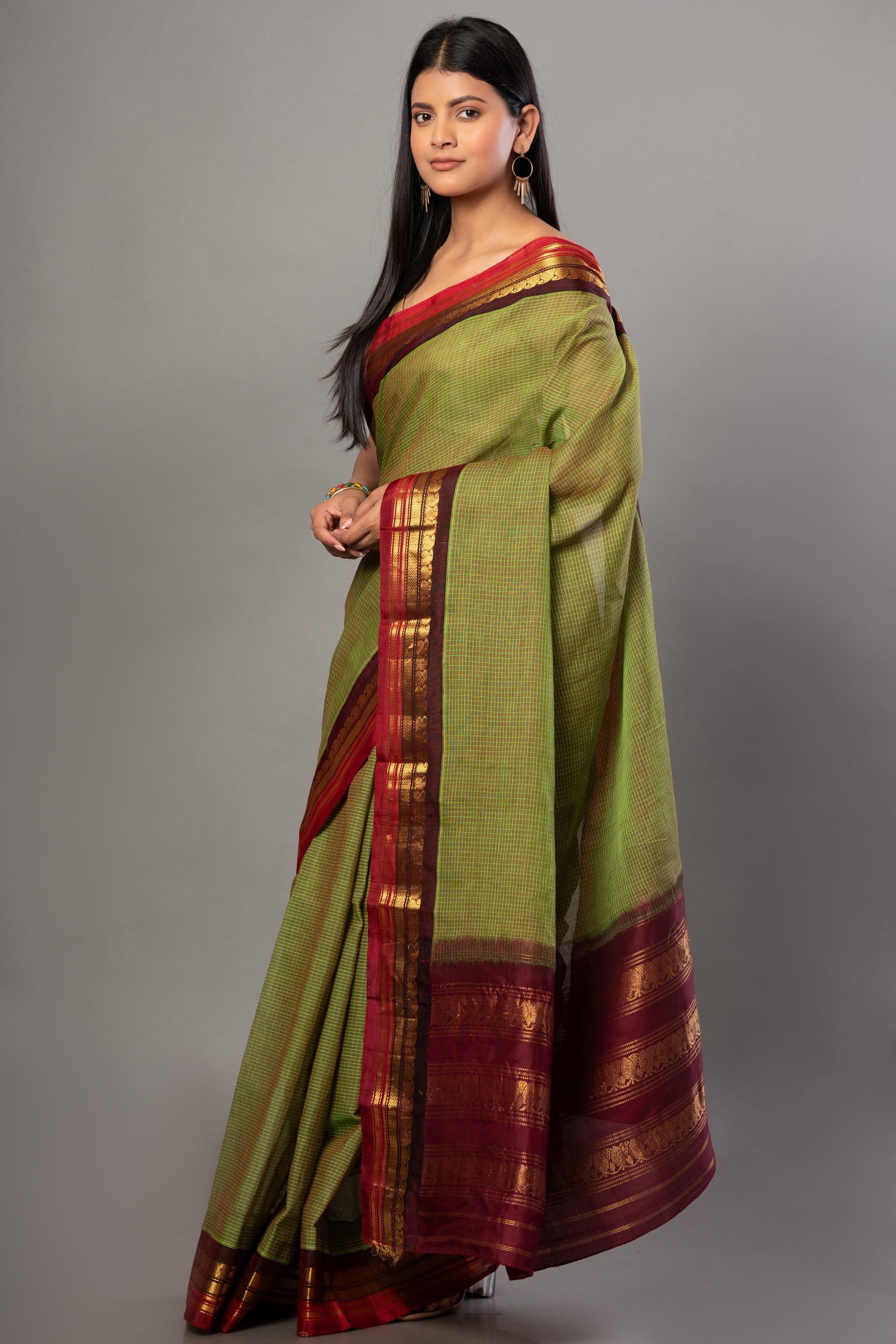 Green and Maroon Pure Cotton Gadwal Saree Front 
