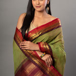 Green and Maroon Pure Cotton Gadwal Saree Close Up
