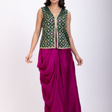 Green and Purple Crop Top Drape Skirt Set with Lace Border full