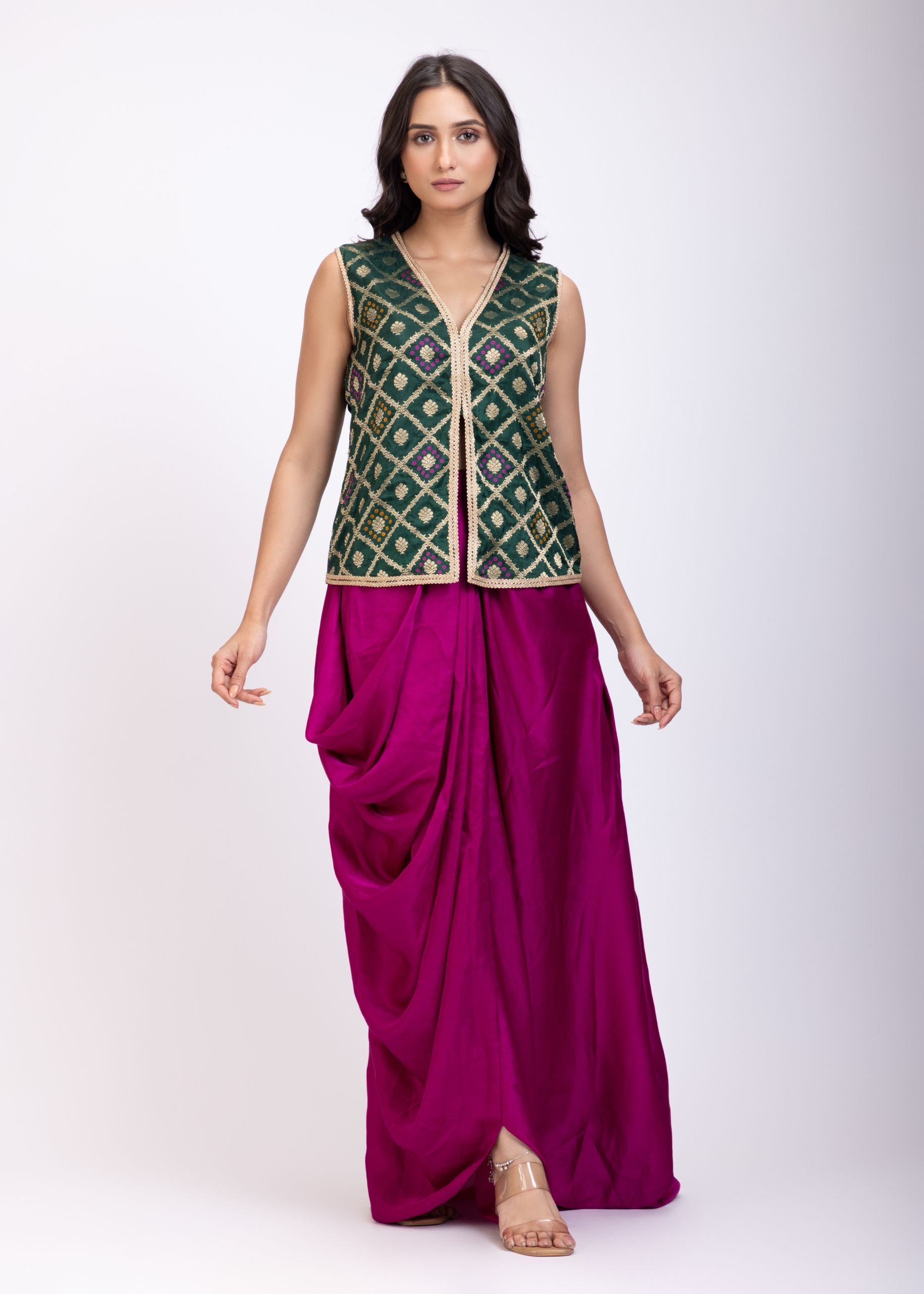 Green and Purple Crop Top Drape Skirt Set with Lace Border full