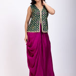 Green and Purple Crop Top Drape Skirt Set with Lace Border front
