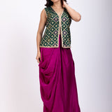 Green and Purple Crop Top Drape Skirt Set with Lace Border front