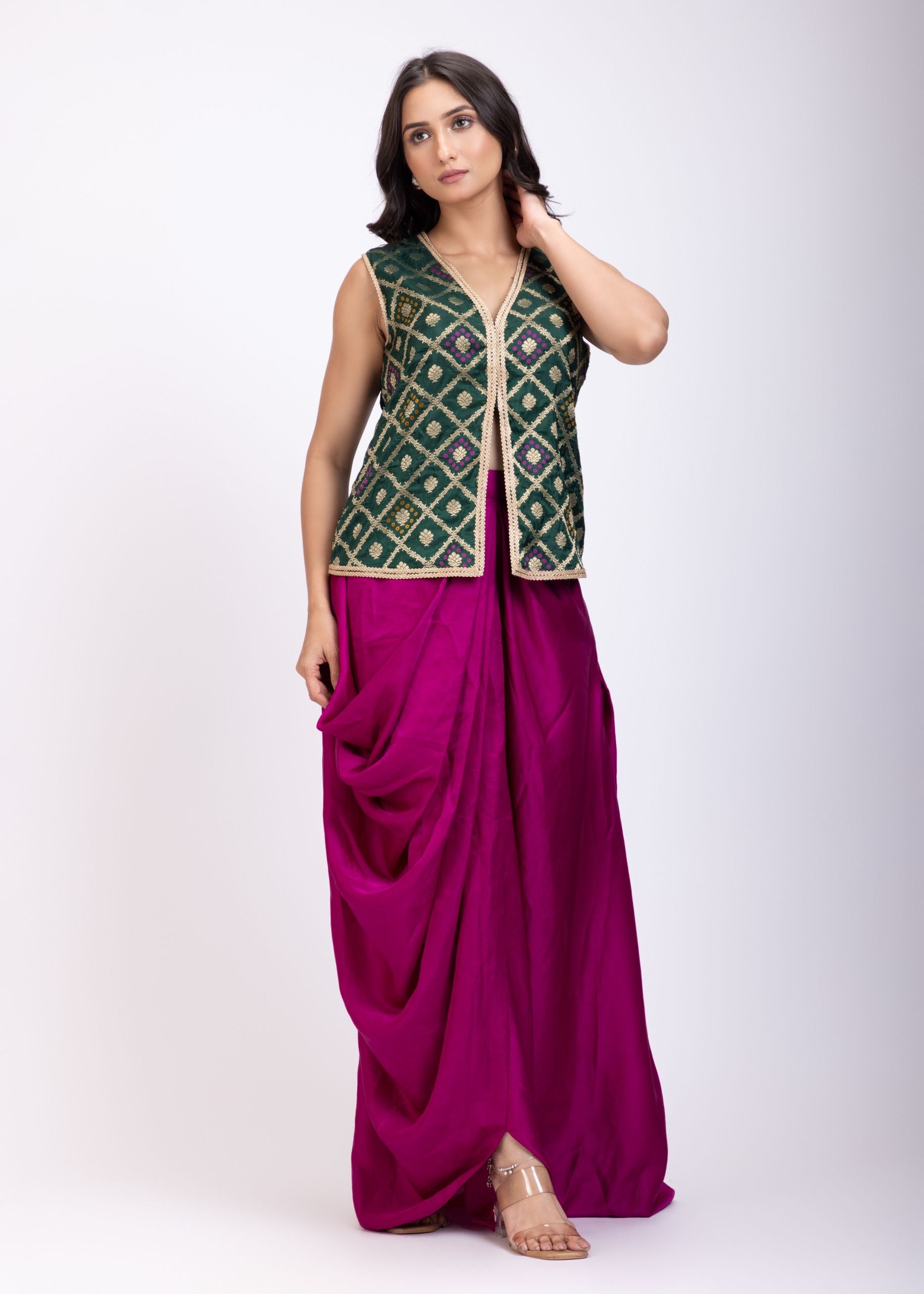 Green and Purple Crop Top Drape Skirt Set with Lace Border front