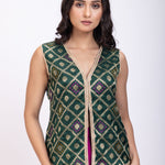 Green and Purple Crop Top Drape Skirt Set with Lace Border close up