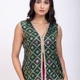 Green and Purple Crop Top Drape Skirt Set with Lace Border close up