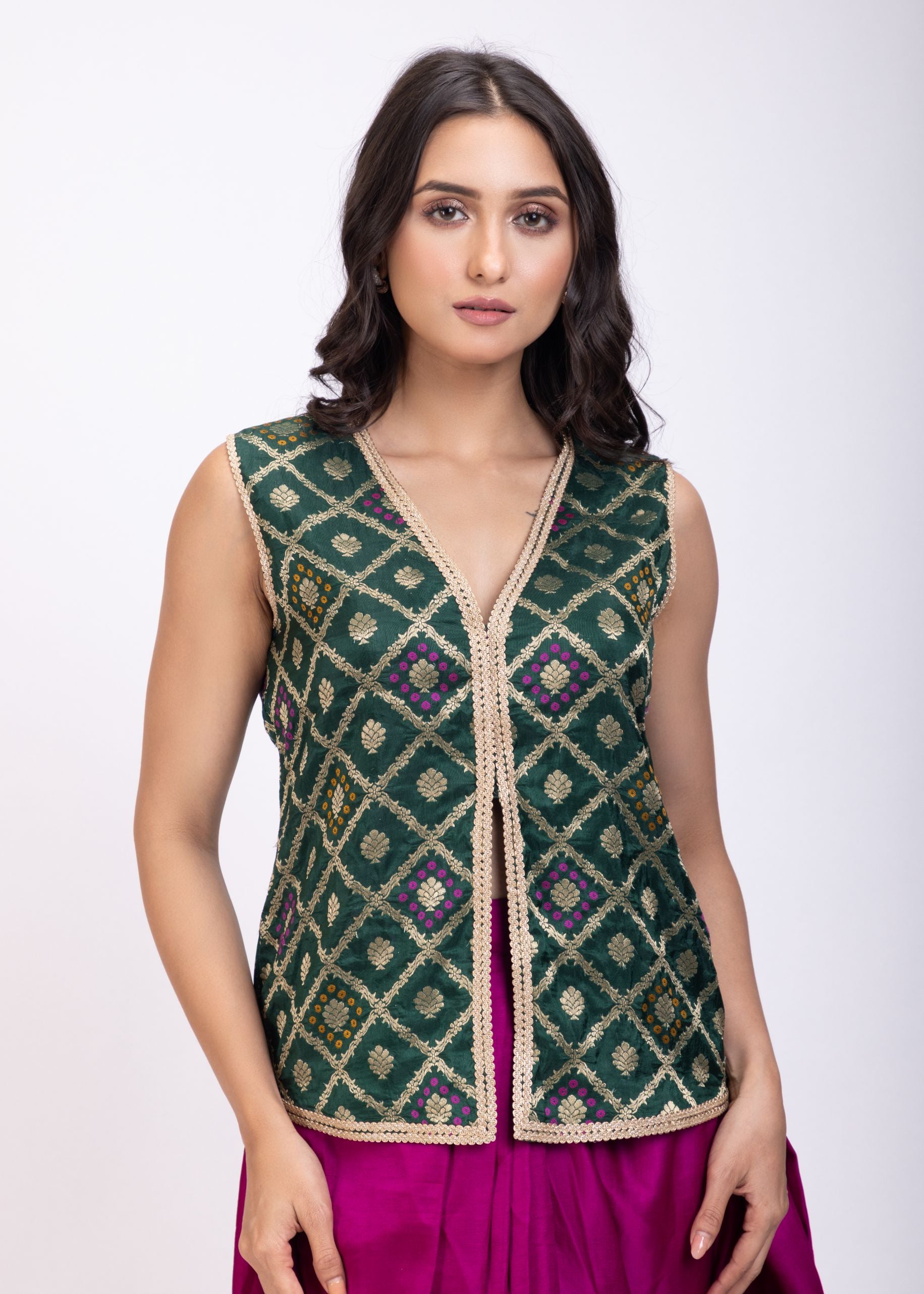 Green and Purple Crop Top Drape Skirt Set with Lace Border close up