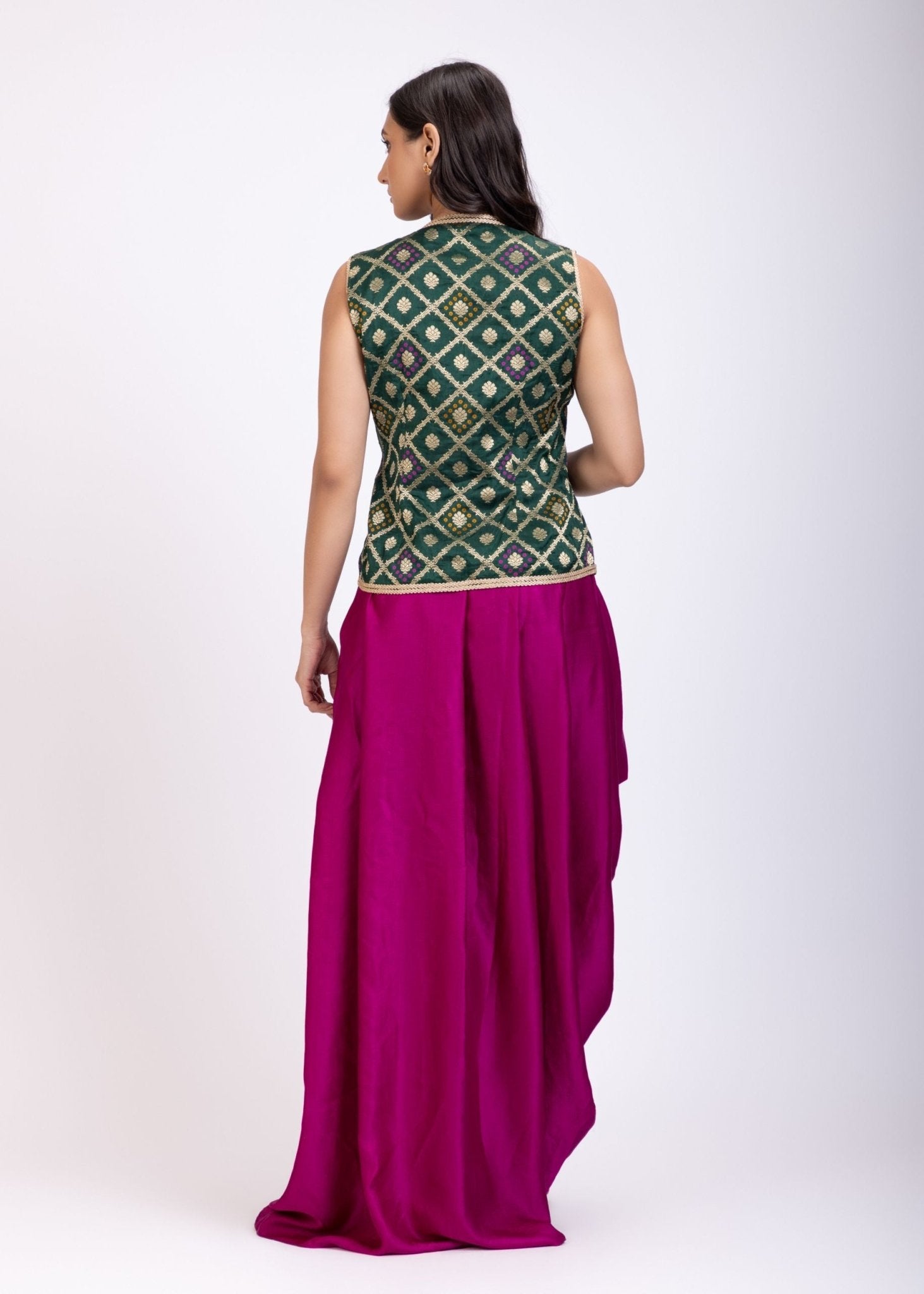 Green and Purple Crop Top Drape Skirt Set with Lace Border - Anvi Couture