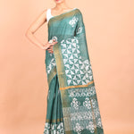 Green and White Block Printed Cotton Silk Batik Saree full view
