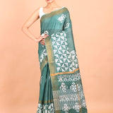 Green and White Block Printed Cotton Silk Batik Saree full view