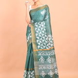 Green and White Block Printed Cotton Silk Batik Saree Front view