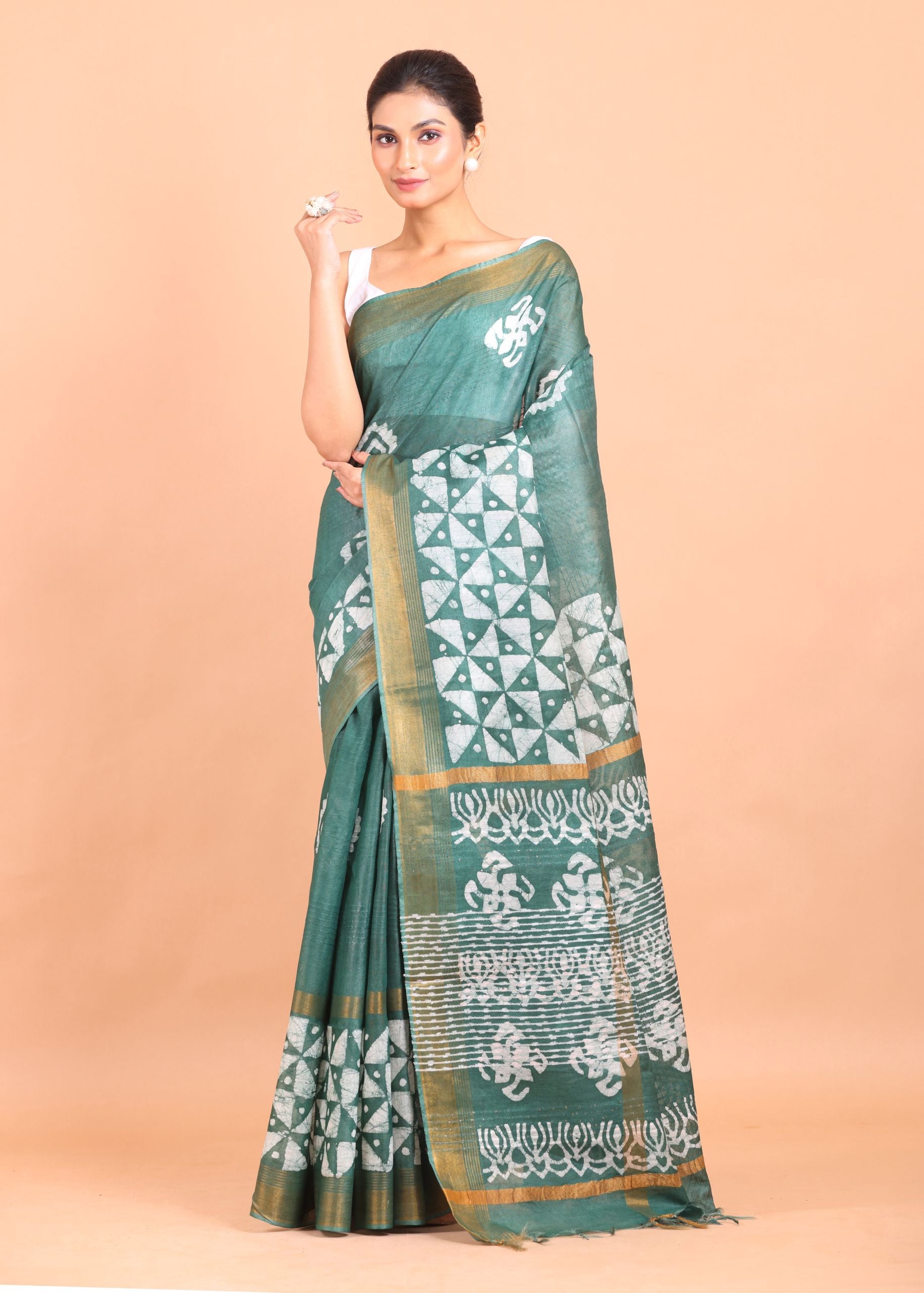 Green and White Block Printed Cotton Silk Batik Saree Front view