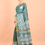 Green and White Block Printed Cotton Silk Batik Saree Side View