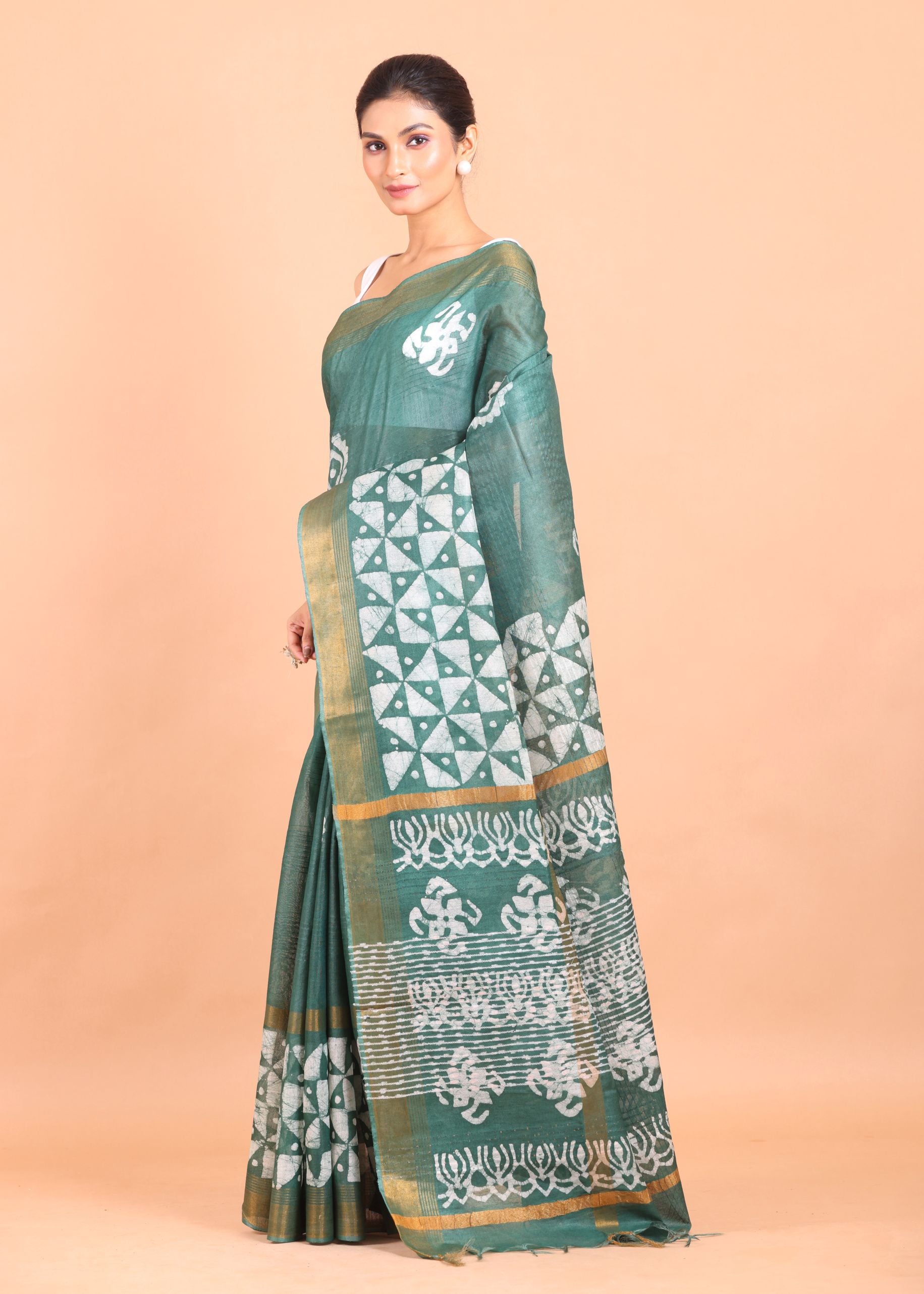 Green and White Block Printed Cotton Silk Batik Saree Side View