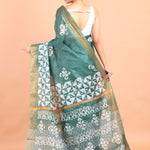 Green and White Block Printed Cotton Silk Batik Saree Back