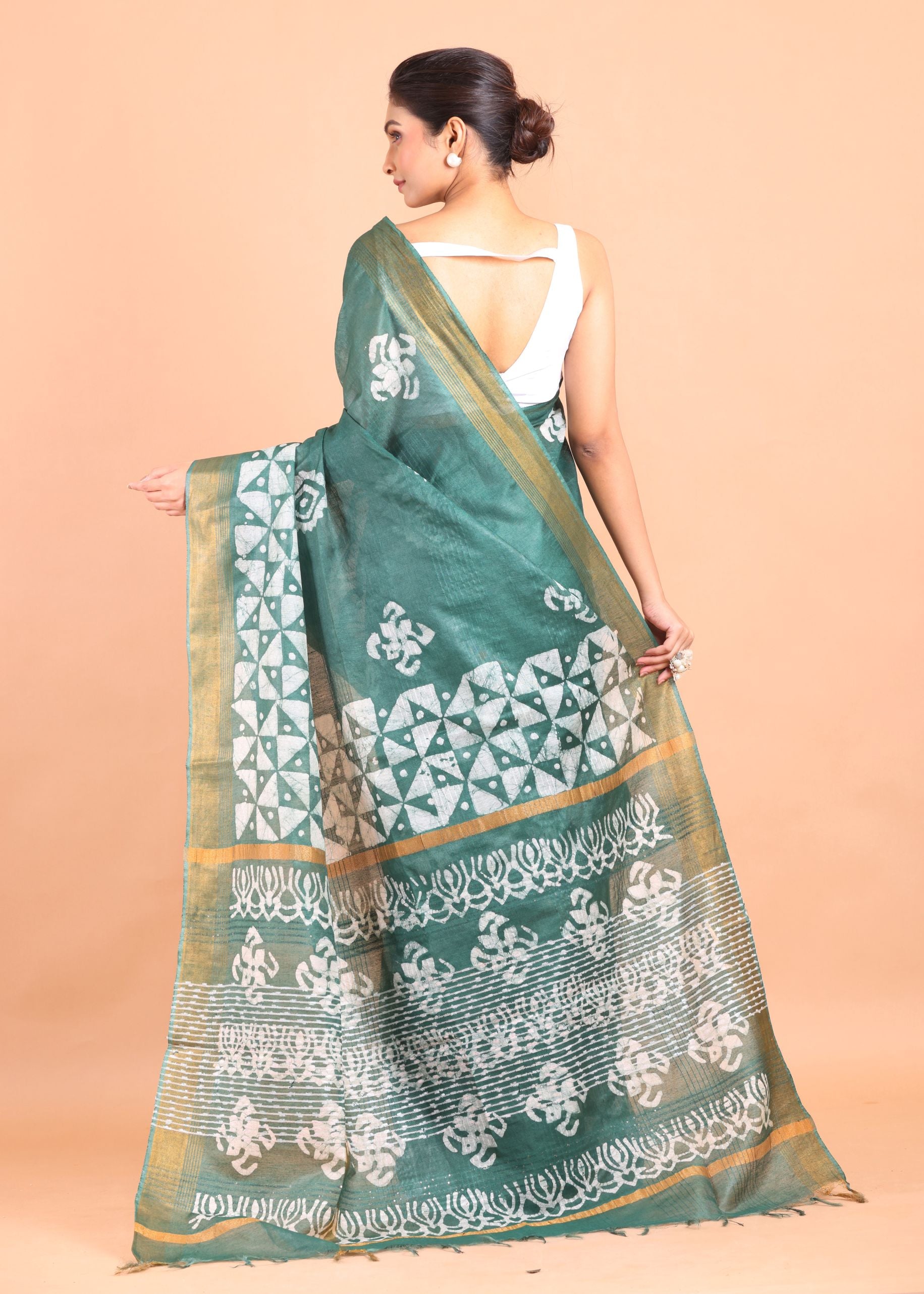 Green and White Block Printed Cotton Silk Batik Saree Back