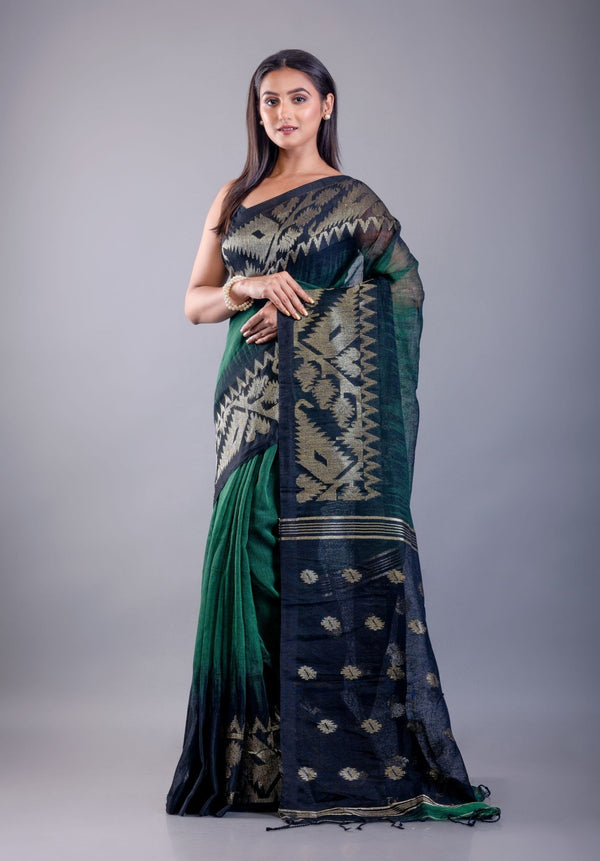 Green and black ombre Tant Jamdani saree for women