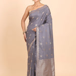 Grey Chanderi Silk Saree with Matgold Floral Woven Work Full