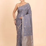 Grey Chanderi Silk Saree with Matgold Floral Woven Work Full