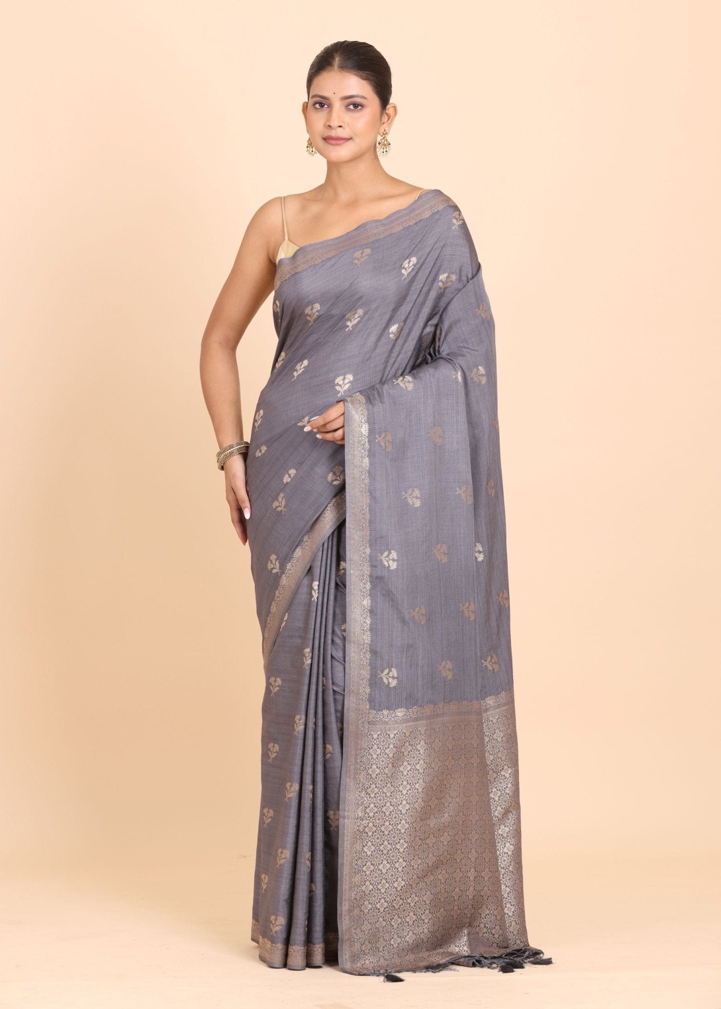 Grey Chanderi Silk Saree with Matgold Floral Woven Work - Anvi Couture