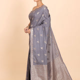 Grey Chanderi Silk Saree with Matgold Floral Woven Work Side