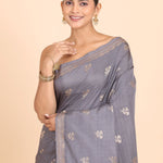 Grey Chanderi Silk Saree with Matgold Floral Woven Work Close Up