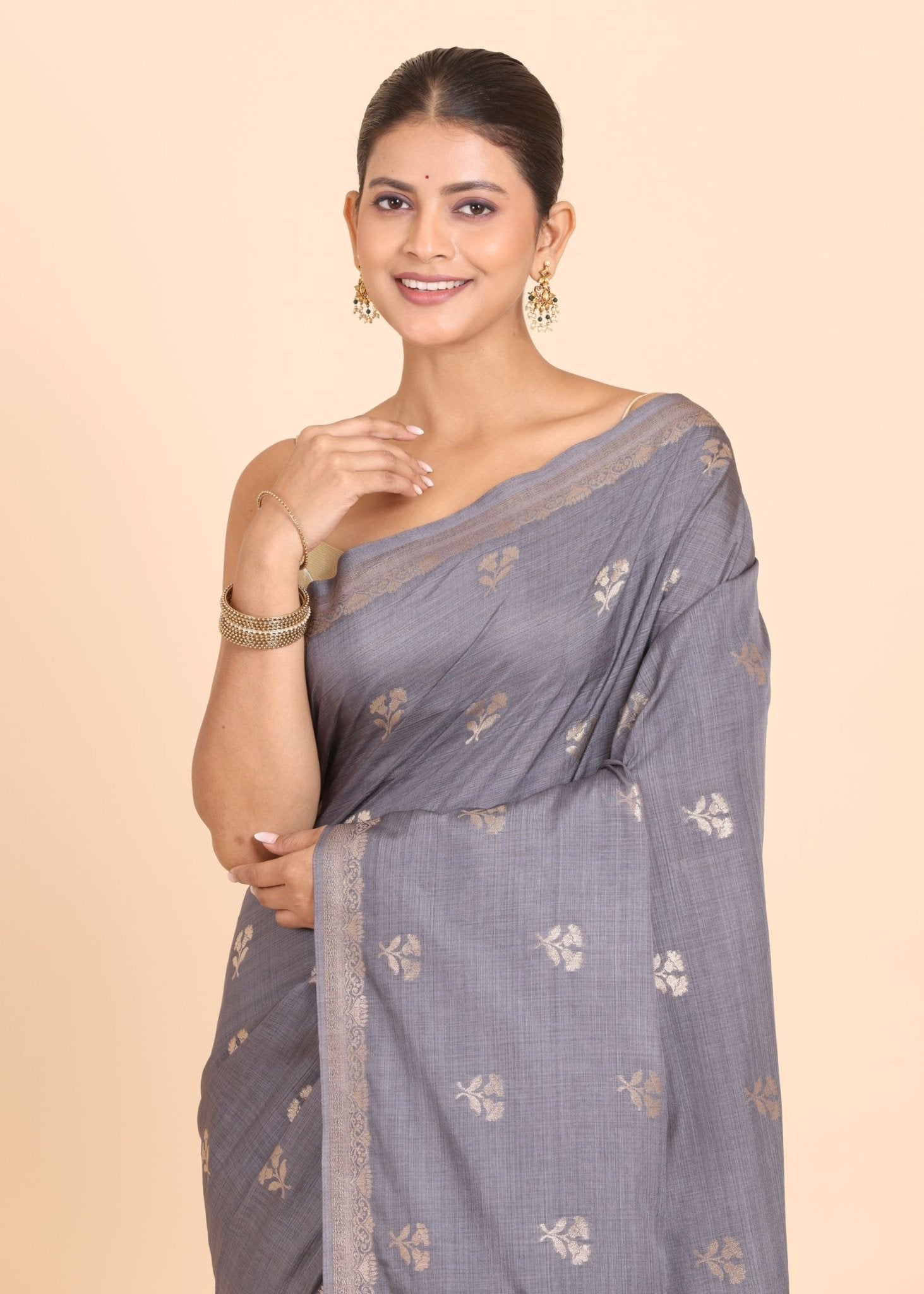 Grey Chanderi Silk Saree with Matgold Floral Woven Work - Anvi Couture