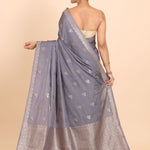 Grey Chanderi Silk Saree with Matgold Floral Woven Work Back