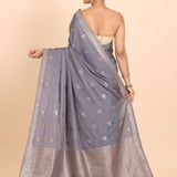 Grey Chanderi Silk Saree with Matgold Floral Woven Work Back