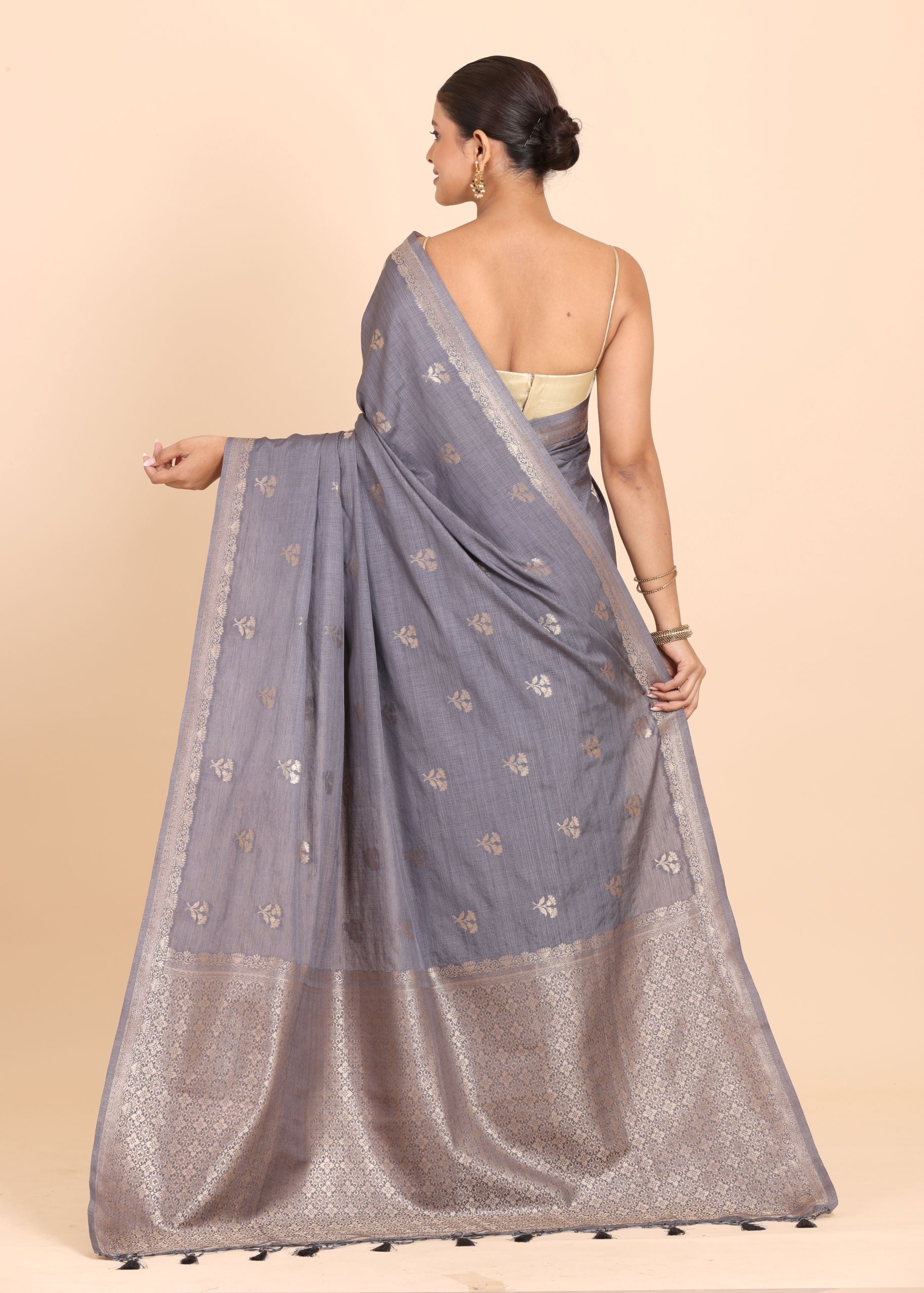 Grey Chanderi Silk Saree with Matgold Floral Woven Work Back