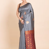 Grey Color Borderless Kanjivaram with Maroon and Copper Pallu - Anvi Couture