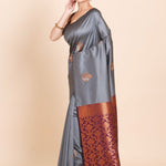 Grey Color Borderless Kanjivaram with Maroon and Copper Pallu - Anvi Couture
