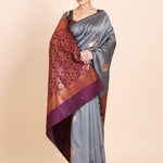 Grey Color Borderless Kanjivaram with Maroon and Copper Pallu - Anvi Couture