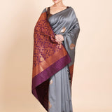 Grey Color Borderless Kanjivaram with Maroon and Copper Pallu - Anvi Couture