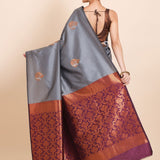 Grey Color Borderless Kanjivaram with Maroon and Copper Pallu - Anvi Couture