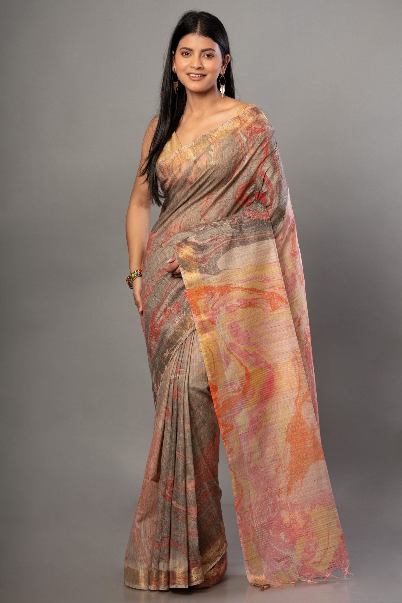 Gray Digital Printed Cotton Silk Saree - Anvi Couture