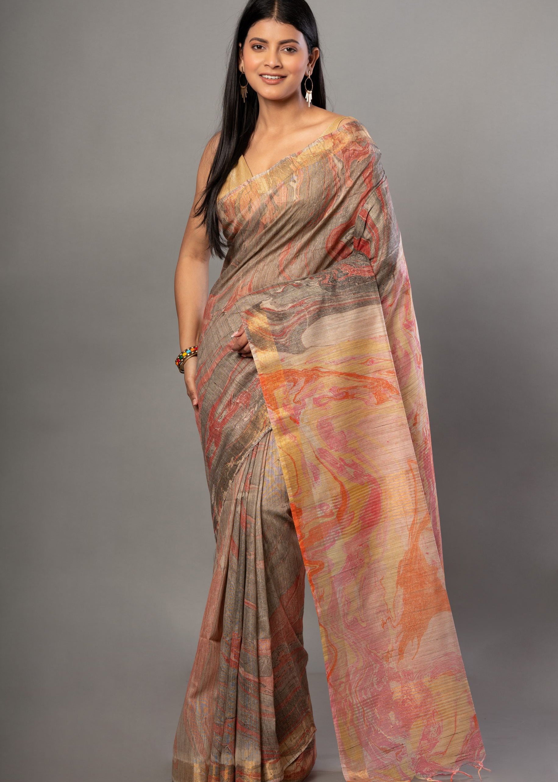 Grey Digital Printed Cotton Silk Saree Full
