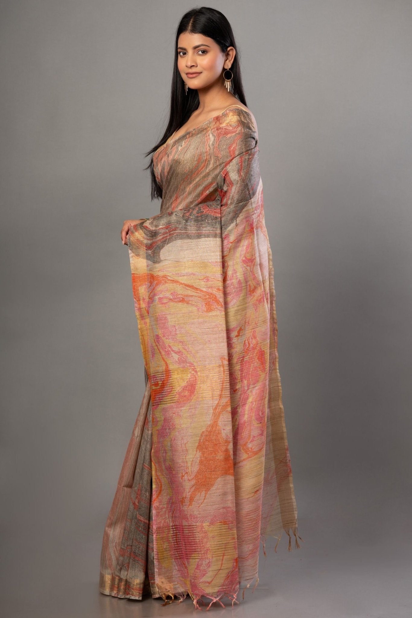 Gray Digital Printed Cotton Silk Saree - Anvi Couture