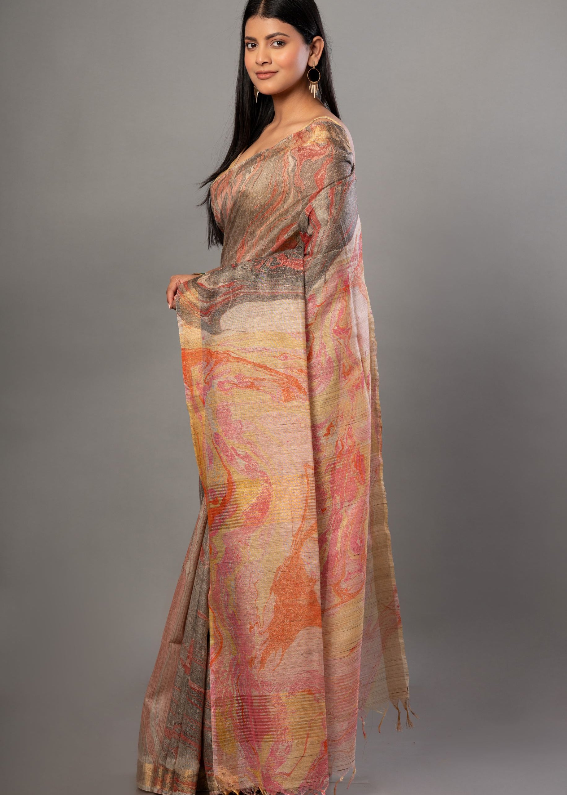 Grey Digital Printed Cotton Silk Saree Side
