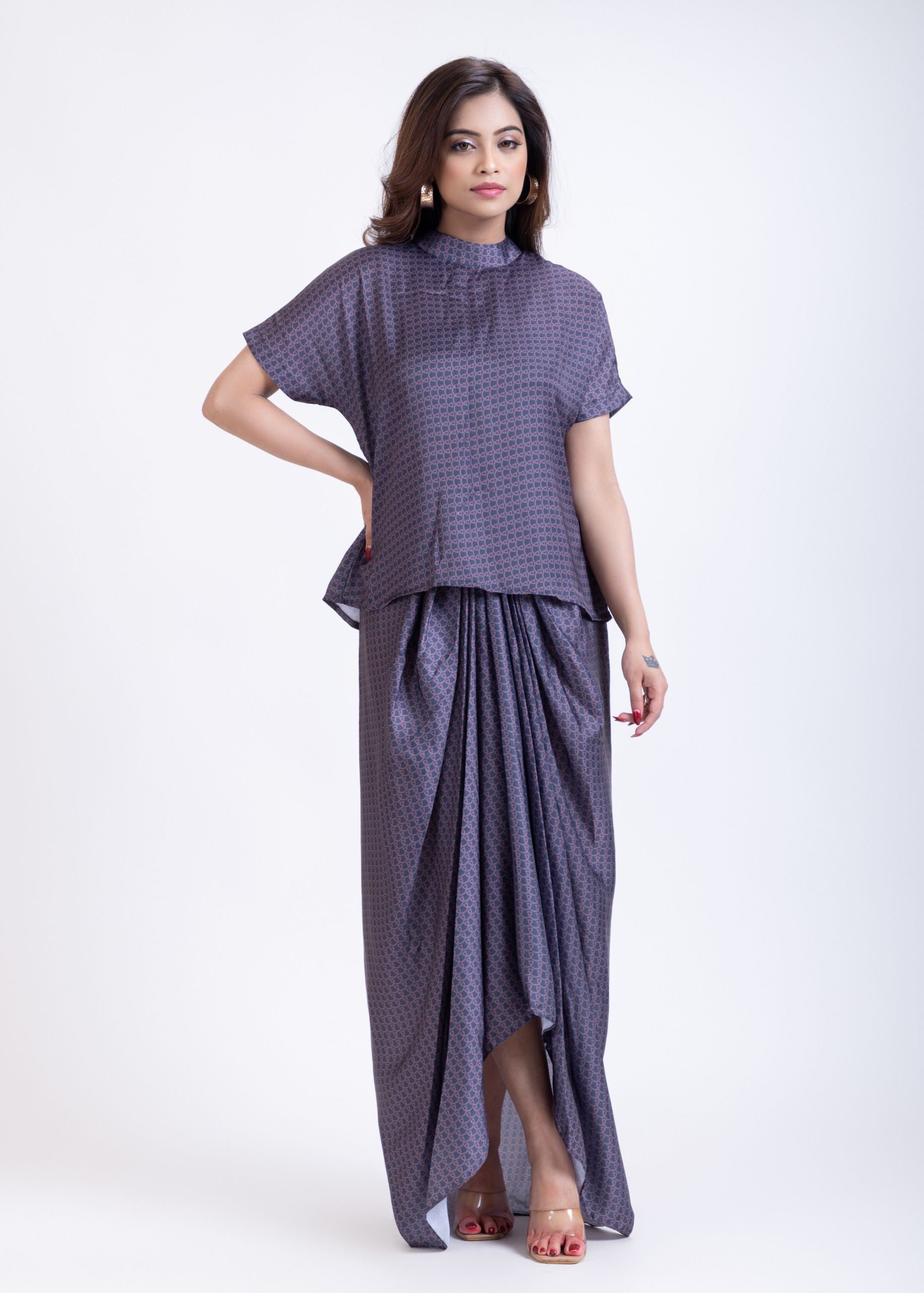 Grey  Drape Skirt Co-Ord Set front