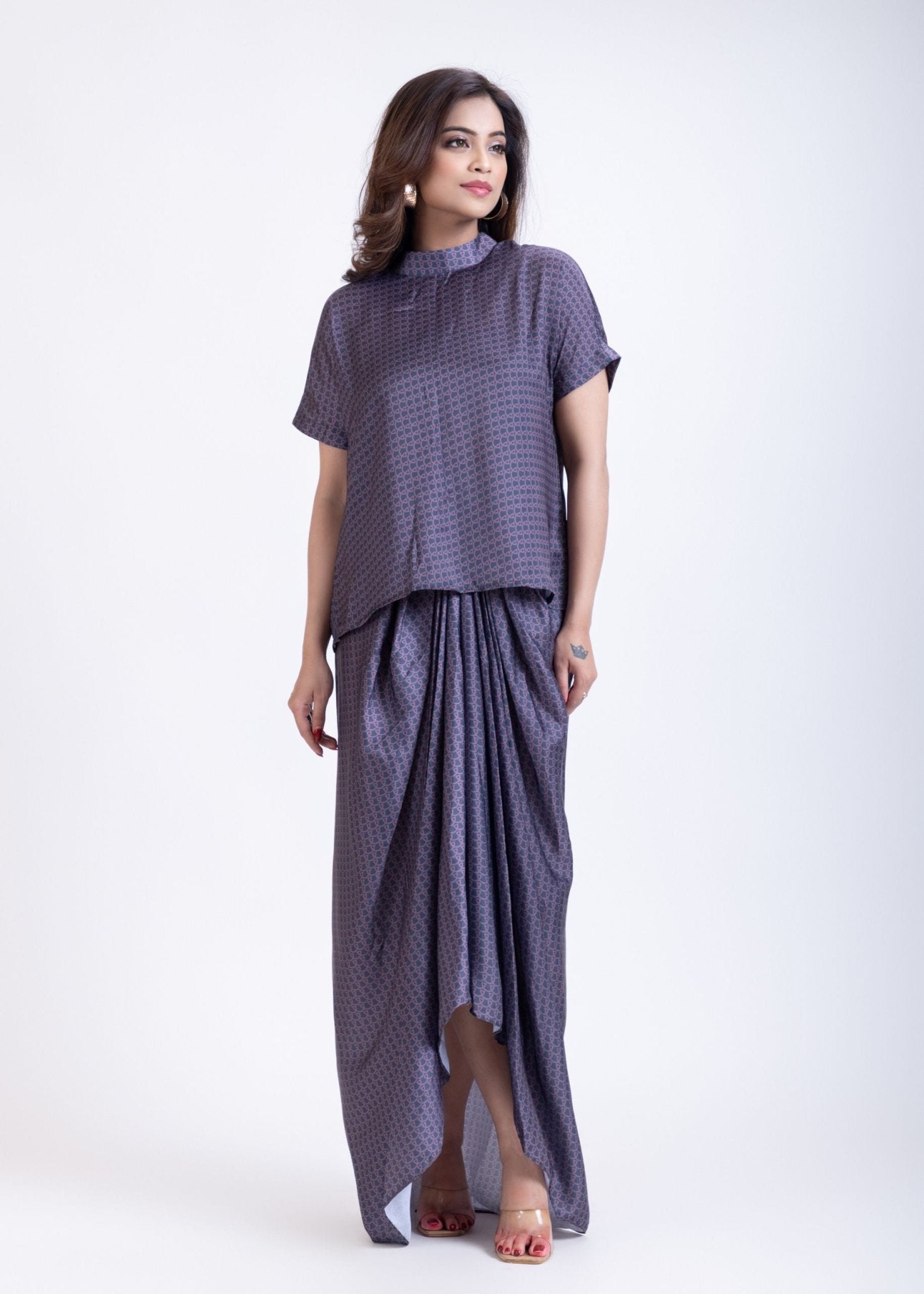 Grey Drape Skirt Co-Ord Set - Anvi Couture