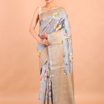 Grey Floral Printed Silk Saree with Golden Border full