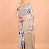 Grey Floral Printed Silk Saree with Golden Border full