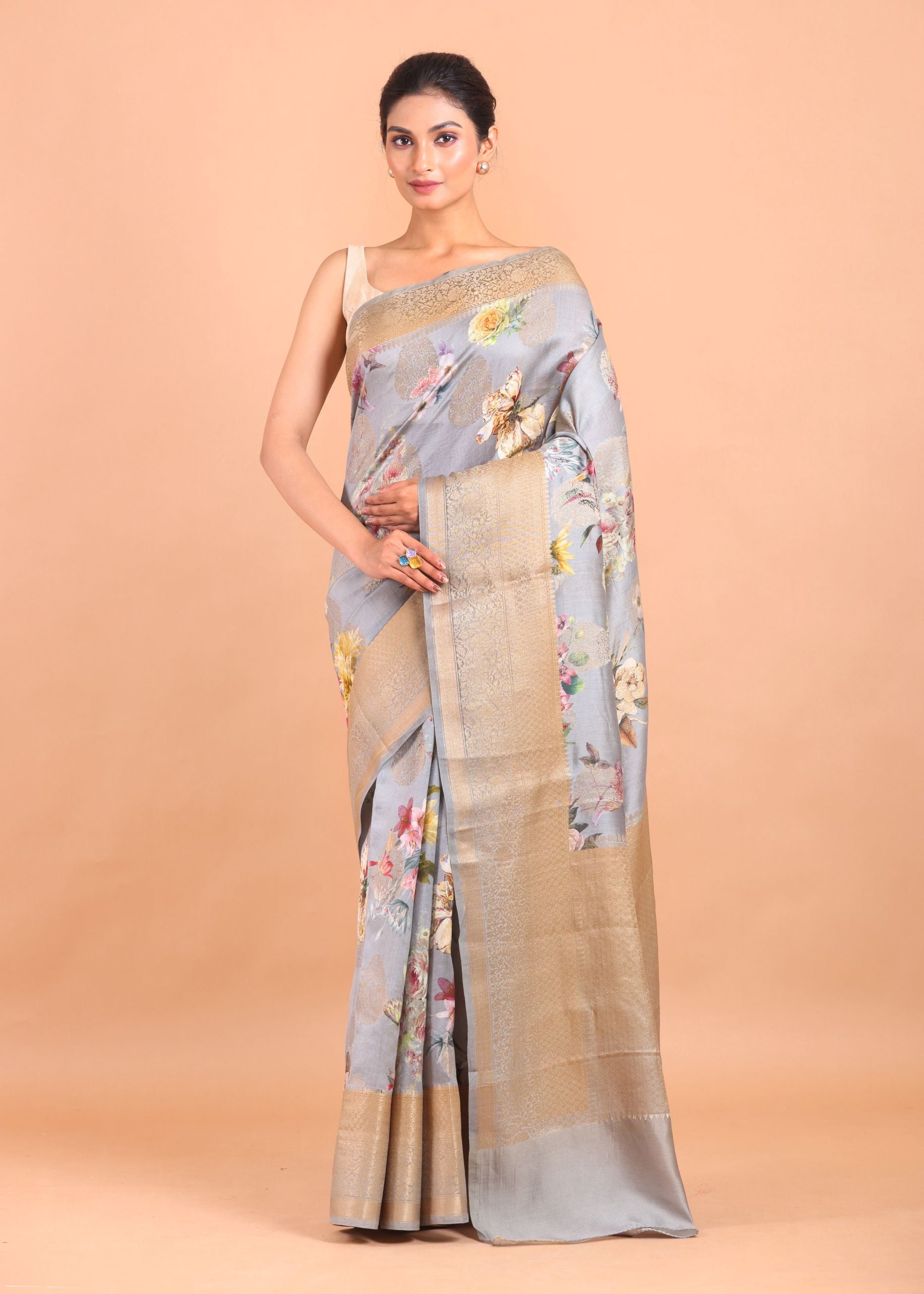 Grey Floral Printed Silk Saree with Golden Border full