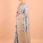Grey Floral Printed Silk Saree with Golden Border front